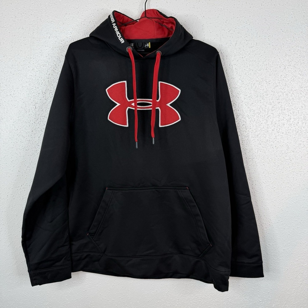 Under Armour Men's LG Loose Black Pullover Hoodie Red Logo Drawstring Pockets